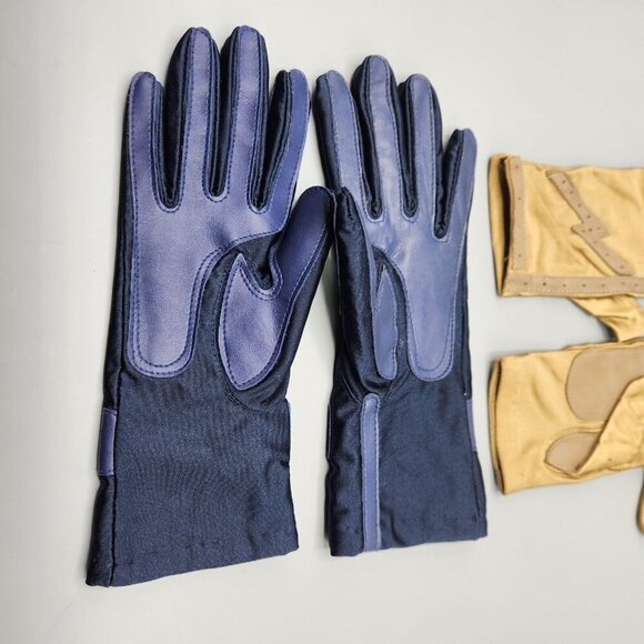 Faux Leather Gloves Black & Yellow Stretchy Lot of 2 Wrist Length Vtg - Picture 3 of 12
